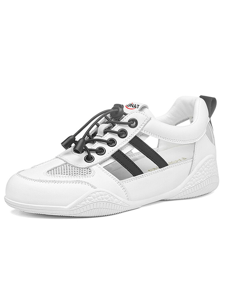 White breathable running shoes with black stripes and lace-up closure, ideal for casual walking or exercise.